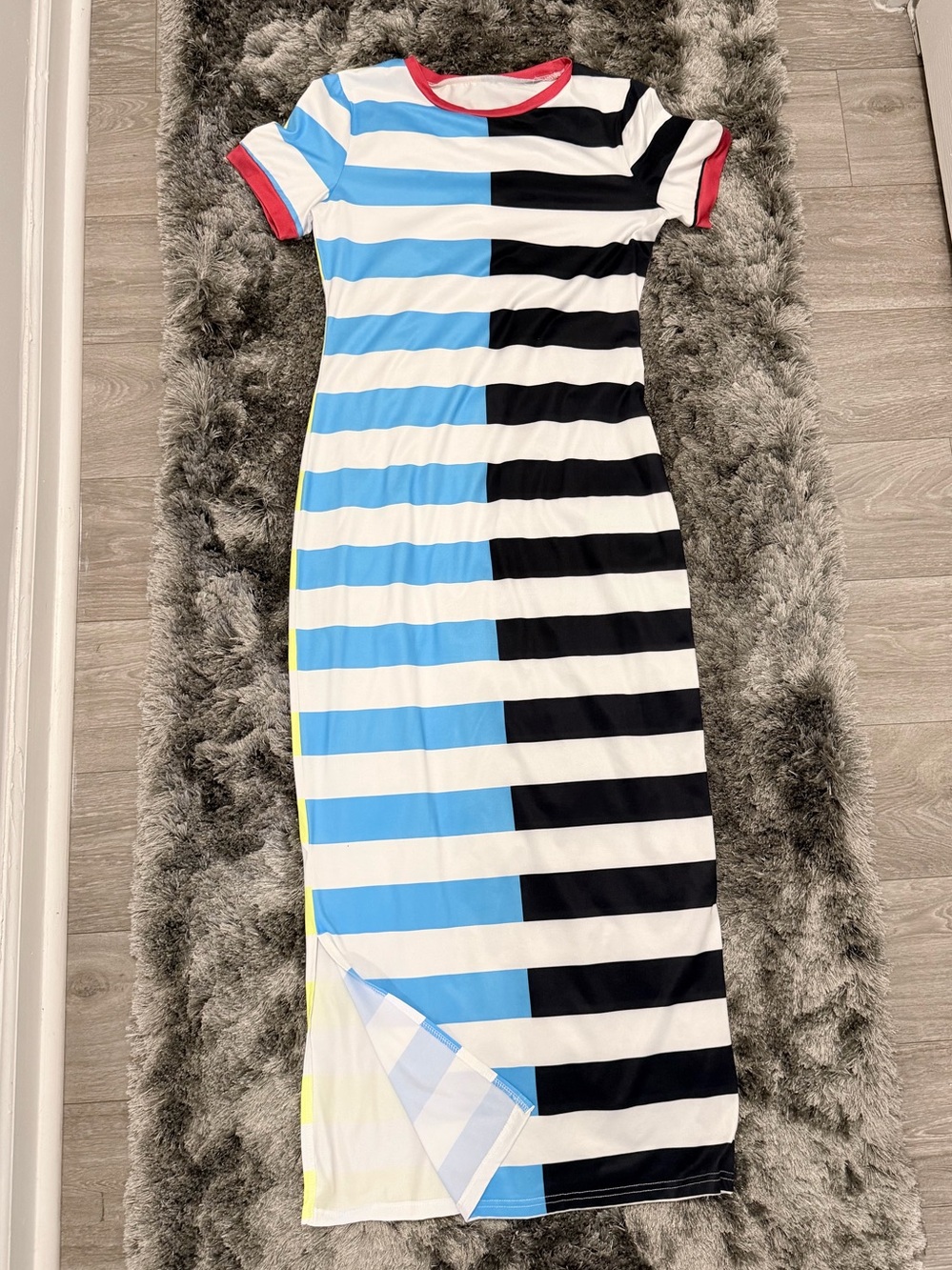 Striped Colorblock Midi Dress with Red Trim